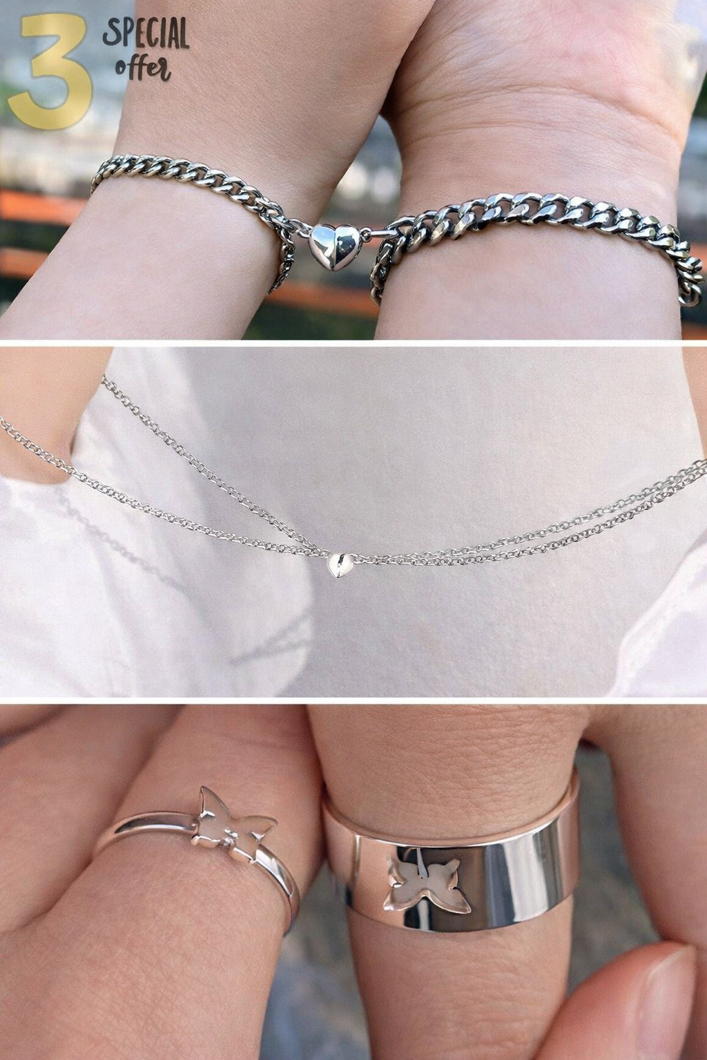 Couple Magnet Heart Attraction Lockets | Women Pendants | Men Lockets | Magnetic Attraction Bracelets Couple Ring Butterfly Combo of 3